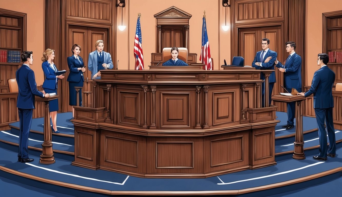 A courtroom with a judge's bench, a jury box, and a witness stand, all surrounded by lawyers and clients