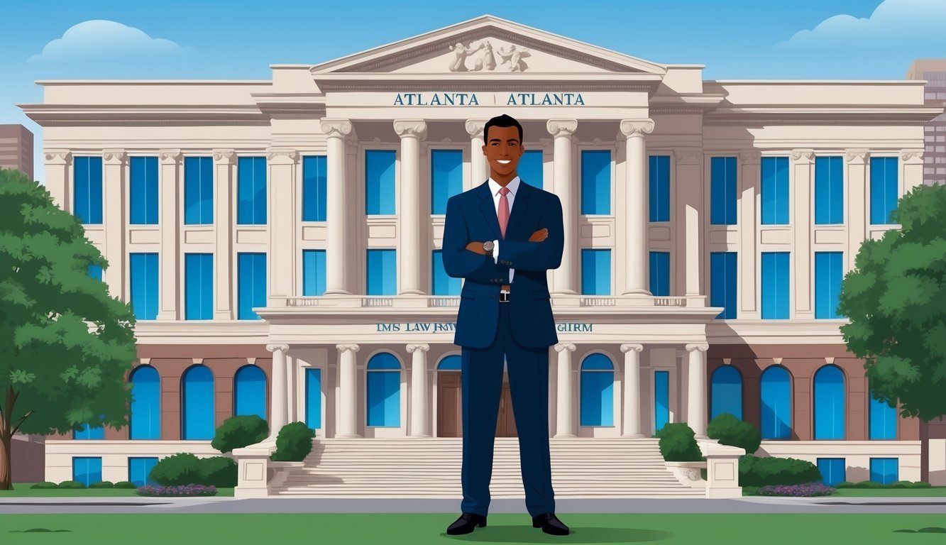 A confident lawyer standing in front of a grand law firm building in Atlanta, exuding professionalism and trustworthiness