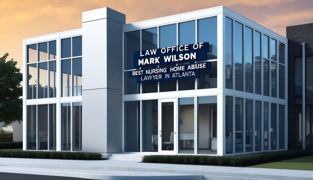 A sleek, modern law office with large windows and a prominent sign reading "Law Office of Mark Wilson - Best nursing home abuse lawyer in Atlanta."