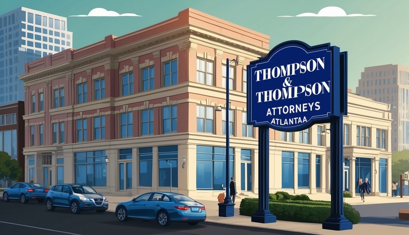 A bustling law office in Atlanta, with a sign reading "Thompson & Thompson Attorneys" prominently displayed