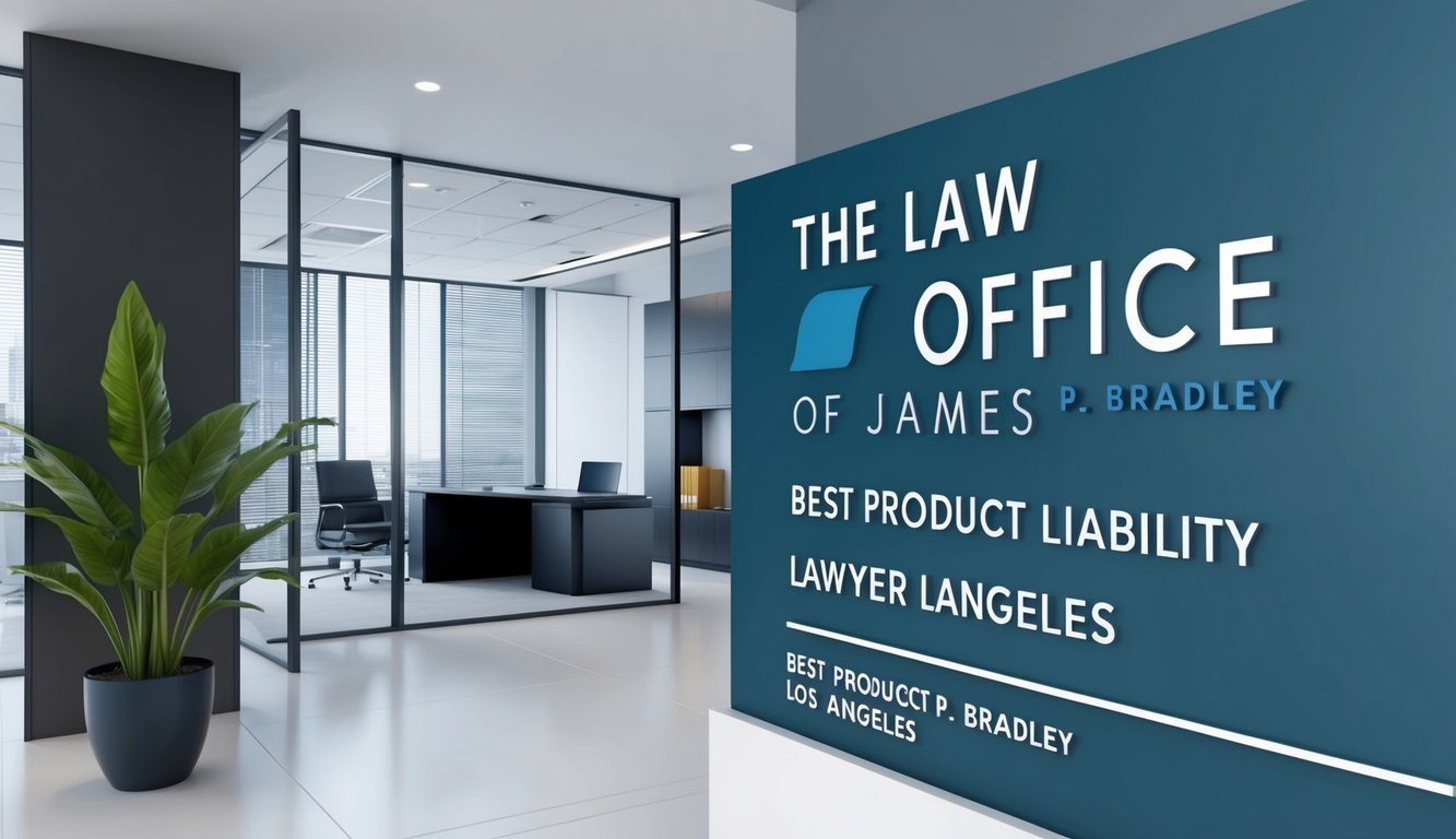 A sleek, modern office with a sign reading "The Law Office of James P. Bradley, Best product liability lawyer in Los Angeles" prominently displayed