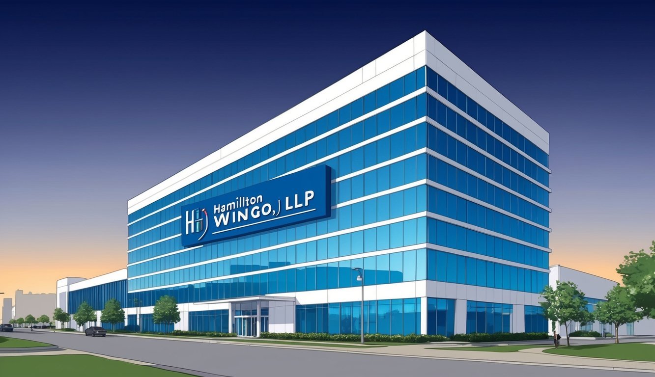 A sleek, modern office building in downtown Dallas, with the Hamilton Wingo, LLP logo prominently displayed on the exterior