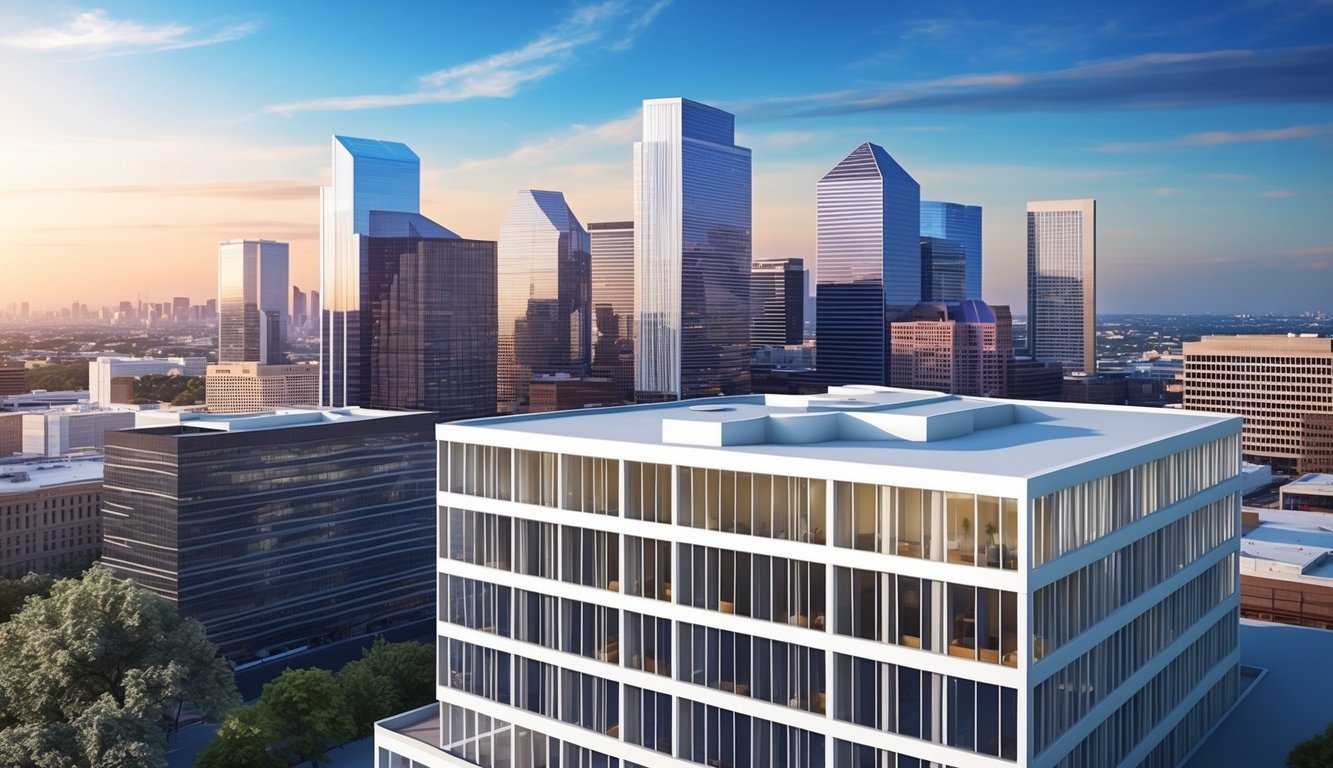 A sleek, modern law office in downtown Houston, with large windows overlooking the city skyline