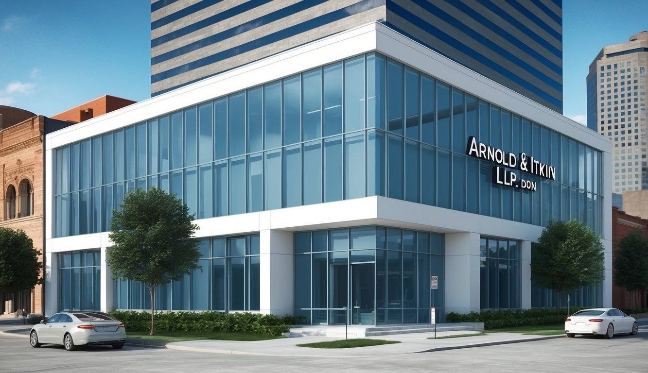 A sleek and modern law office in downtown Houston, with large windows and a prominent sign for Arnold & Itkin LLP