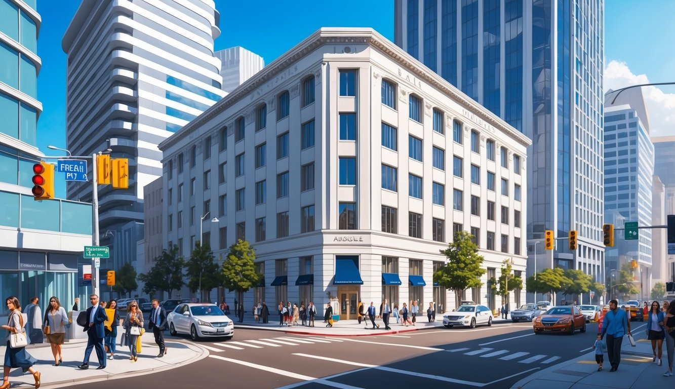 A bustling Los Angeles street scene with a prominent law office building, surrounded by modern architecture and busy pedestrian traffic