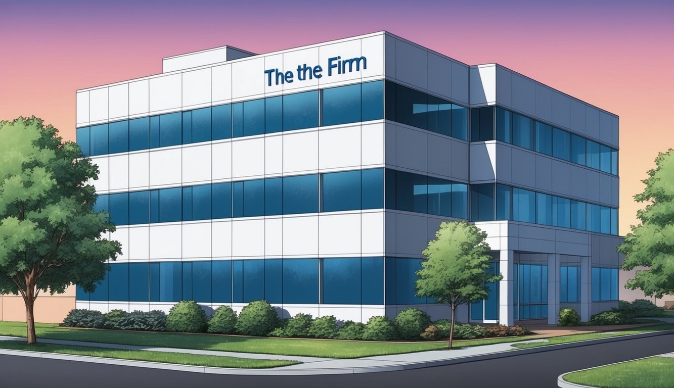 A sleek office building with the firm's name prominently displayed