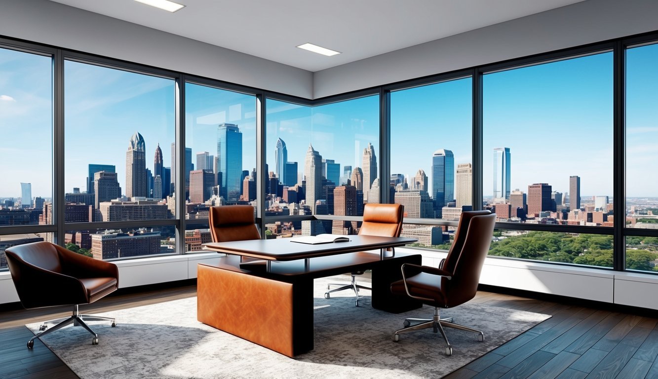 A modern office with a sleek desk, leather chairs, and large windows overlooking the Philadelphia skyline