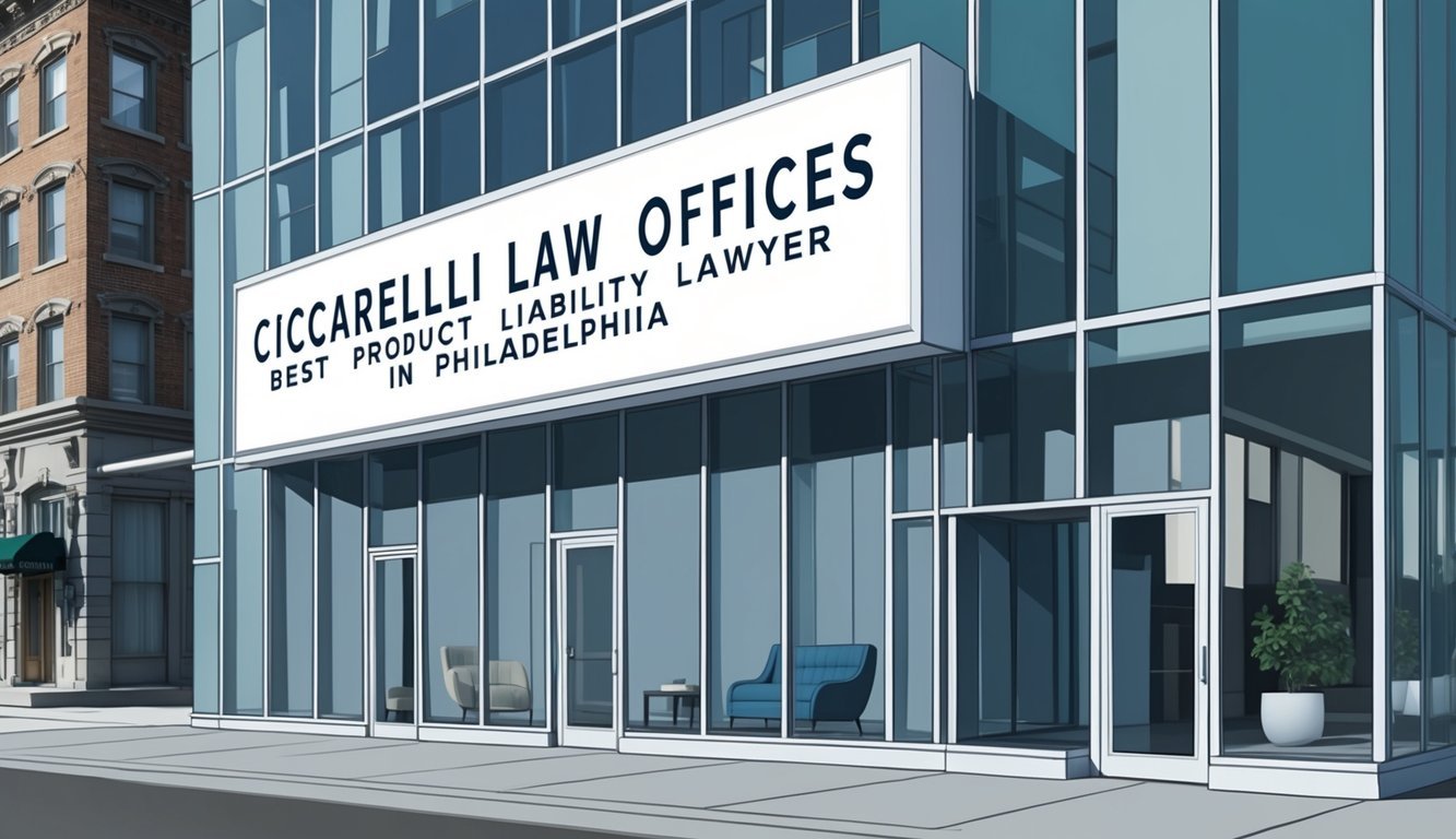 A sleek and modern law office in downtown Philadelphia, with a prominent sign reading "Ciccarelli Law Offices - Best product liability lawyer in Philadelphia" displayed prominently