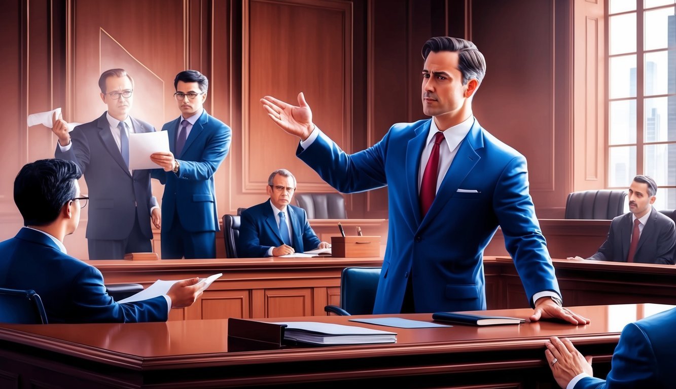 A courtroom with a confident lawyer presenting evidence and arguing a case