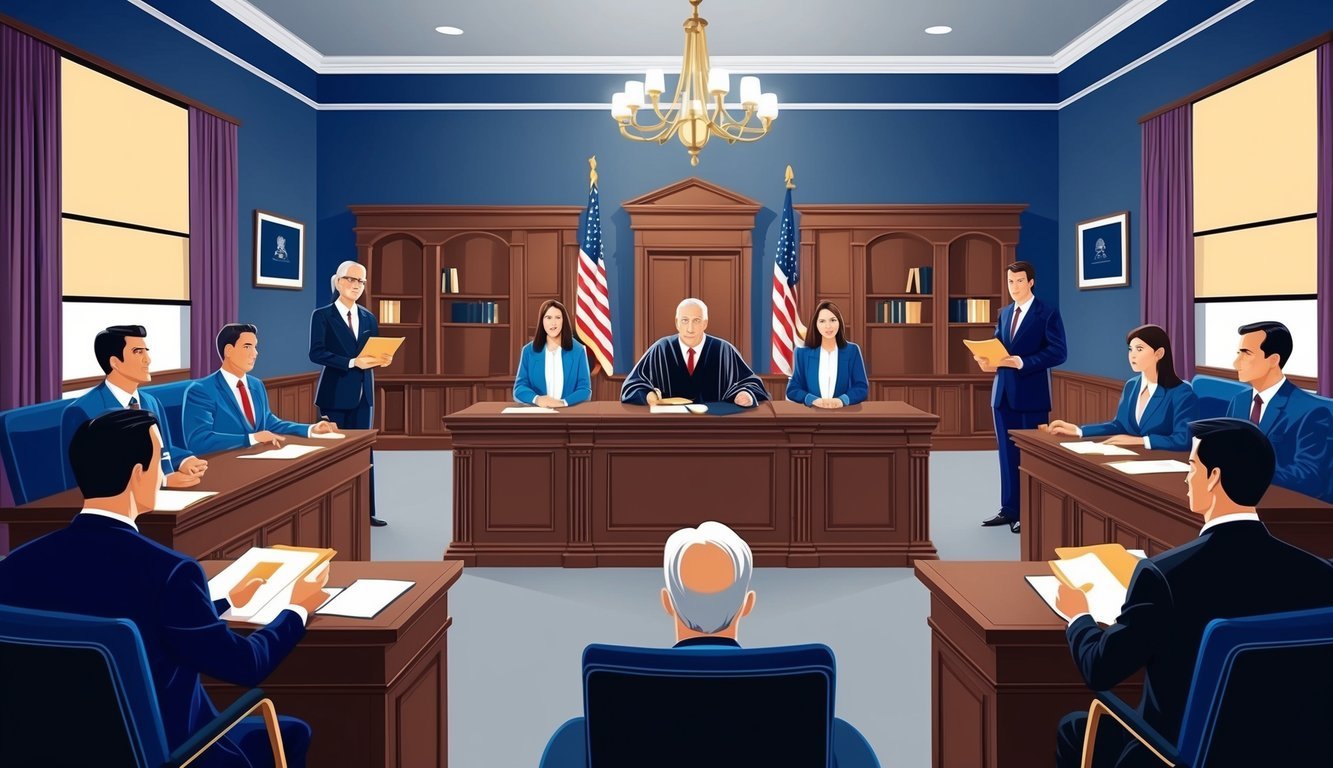 A courtroom with a judge, jury, and lawyers presenting evidence in a product liability case