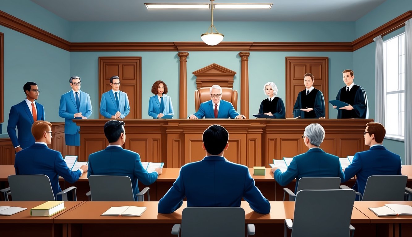 A courtroom with a judge, jury, and lawyers presenting evidence and arguments in a product liability case