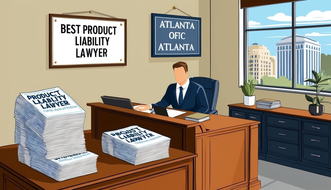 A lawyer's office in Atlanta with a sign reading "Best Product Liability Lawyer" and a stack of frequently asked questions brochures on the front desk