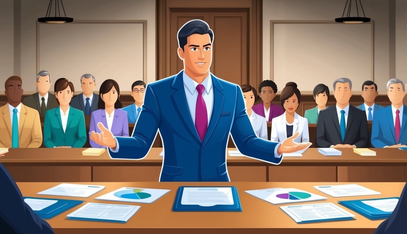 A courtroom scene with a lawyer presenting a compelling case to a jury.</p><p>The lawyer is confident and well-prepared, with evidence and documents neatly organized on the table