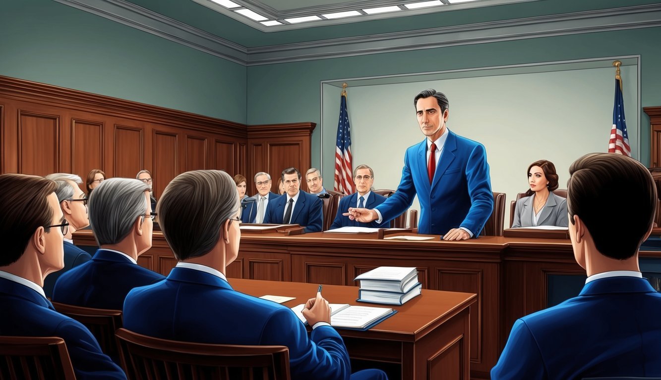 A courtroom scene with a lawyer presenting evidence to a jury