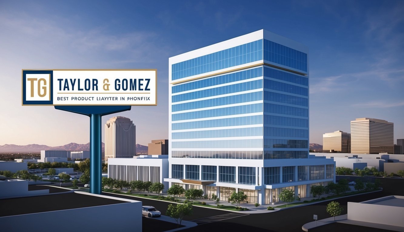 A sleek, modern office building in downtown Phoenix with a prominent sign reading "Taylor & Gomez LLP - Best product liability lawyer in Phoenix."