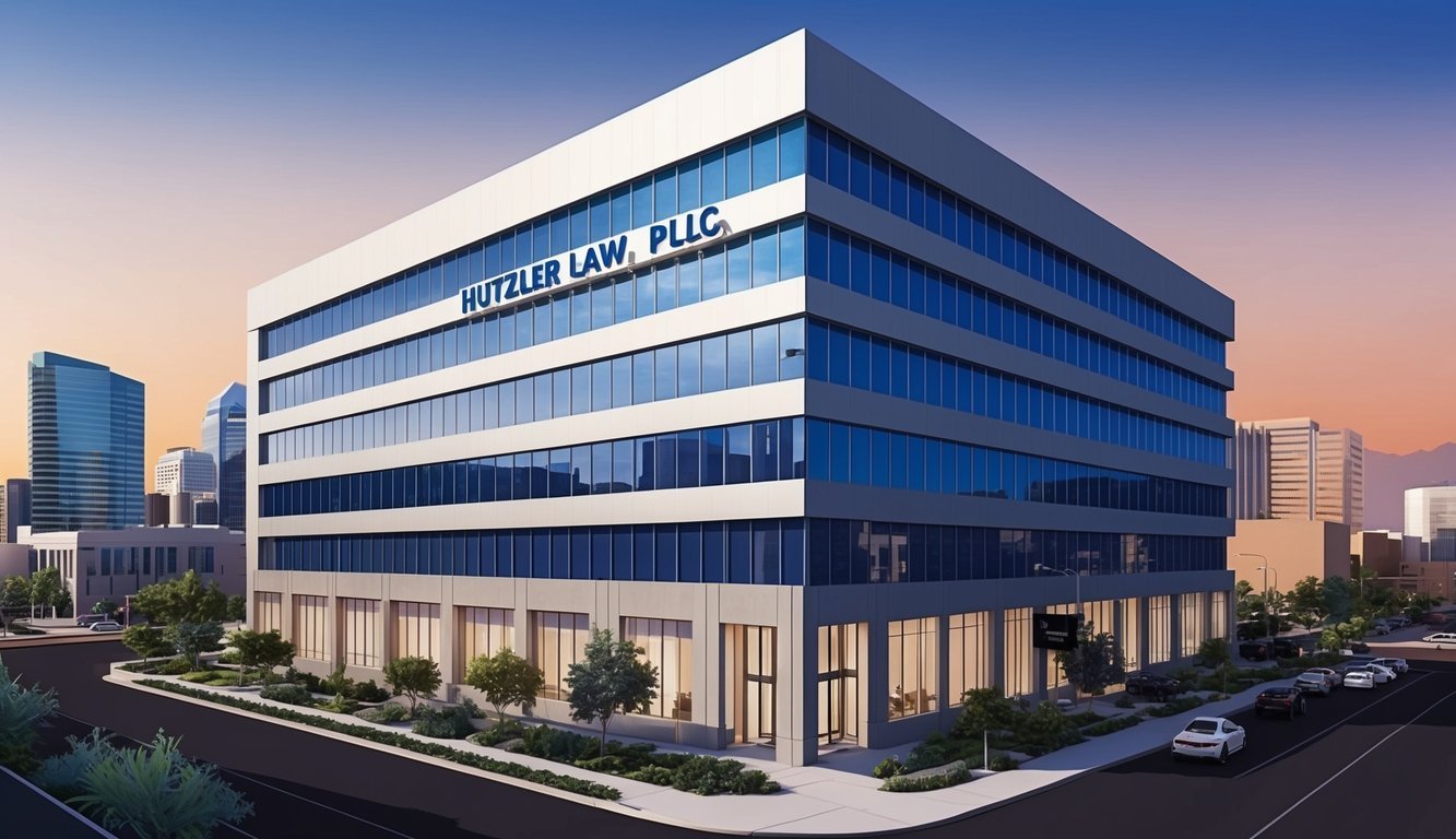 A sleek office building with a prominent sign reading "Hutzler Law, PLLC" in downtown Phoenix