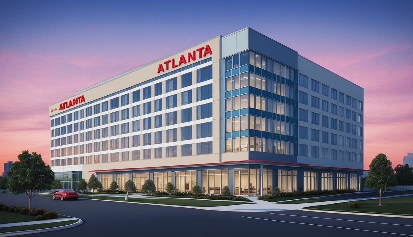 A modern office building in Atlanta with the company name prominently displayed on the exterior