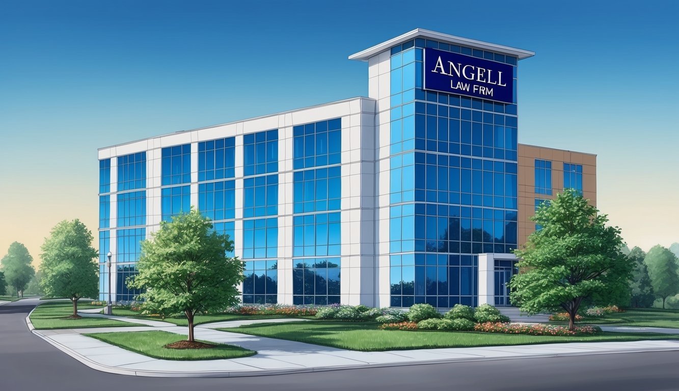 A modern office building with the Angell Law Firm signage prominently displayed, surrounded by a clean and well-maintained exterior landscape