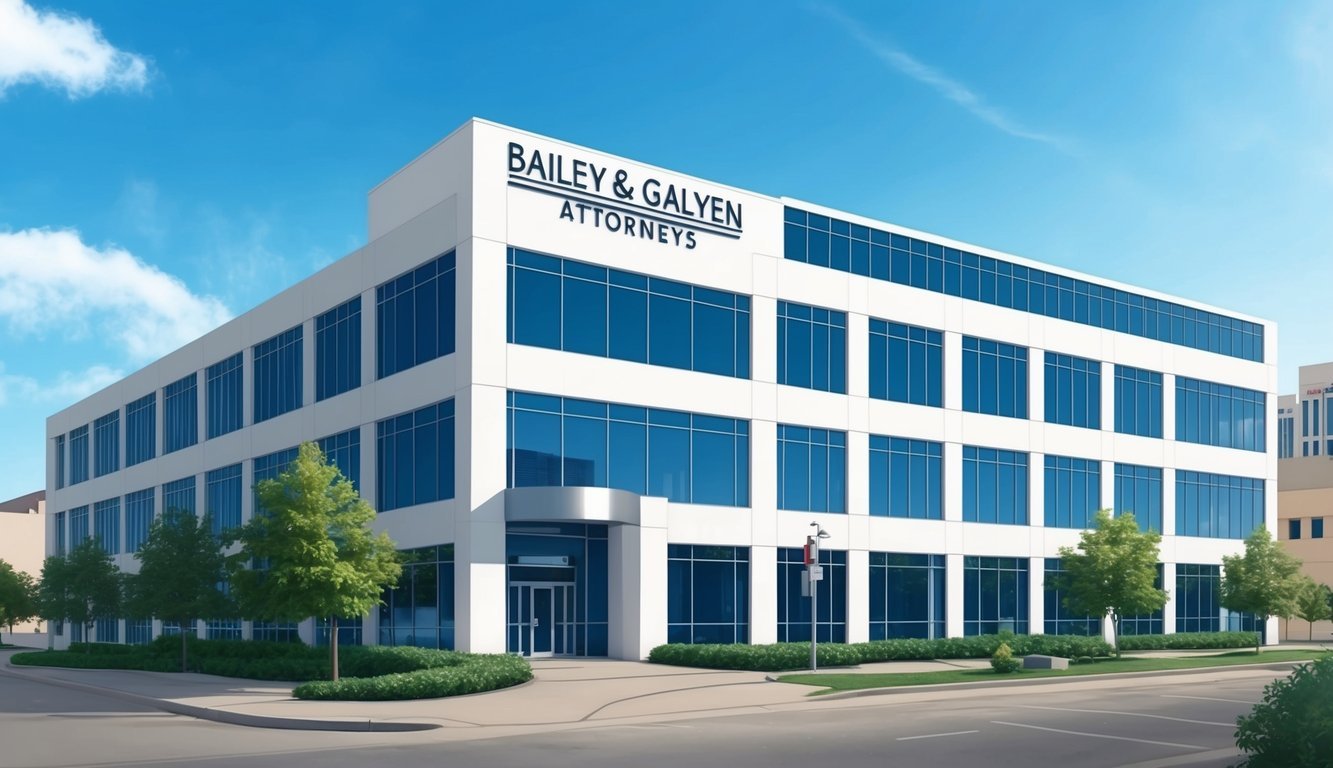 A sleek and modern office building in downtown Dallas, with a prominent sign displaying the name "Bailey & Galyen Attorneys" atop the entrance