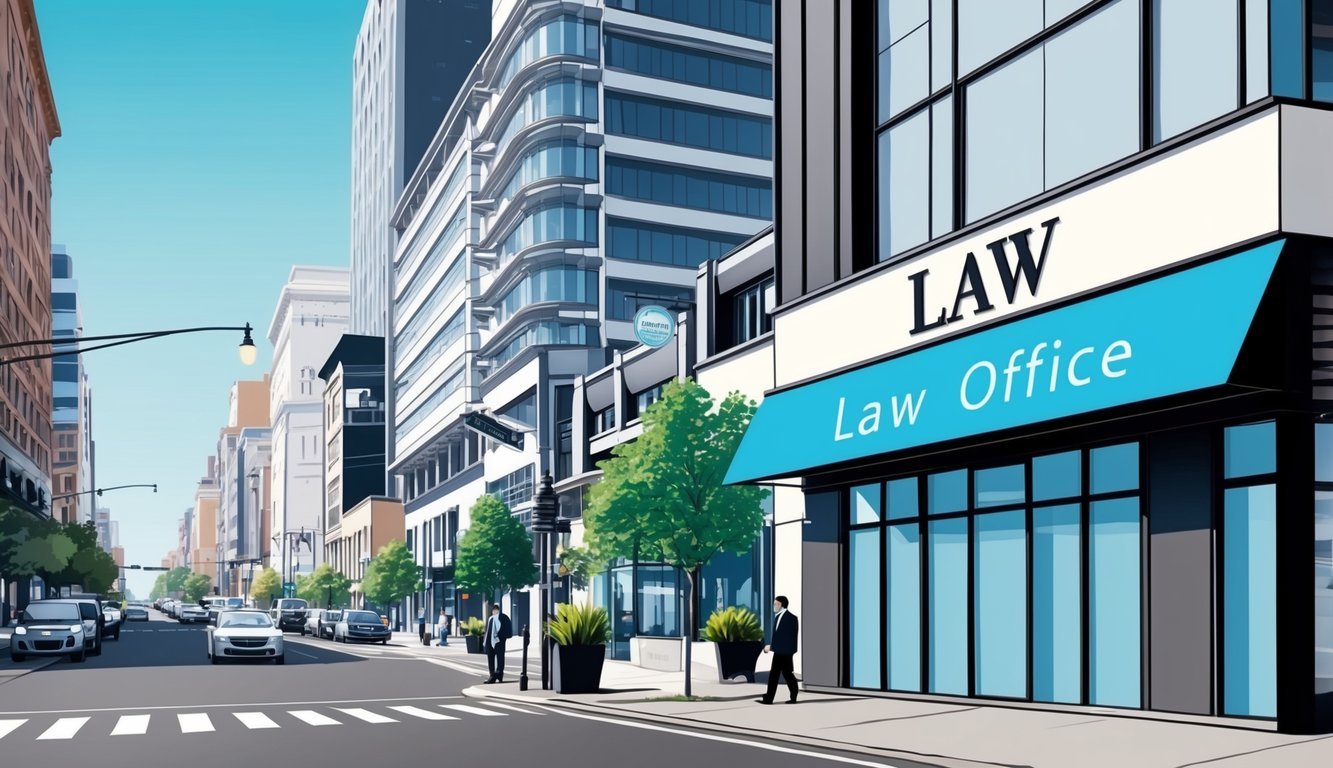 A bustling city street with a prominent law office sign and a sleek, modern building with a clean and professional aesthetic