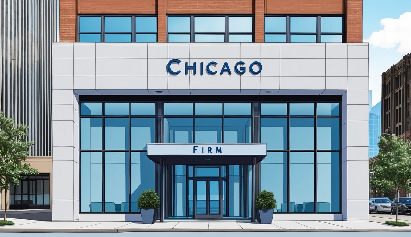 The exterior of a modern law office building in downtown Chicago, with the firm's name prominently displayed on a sign above the entrance