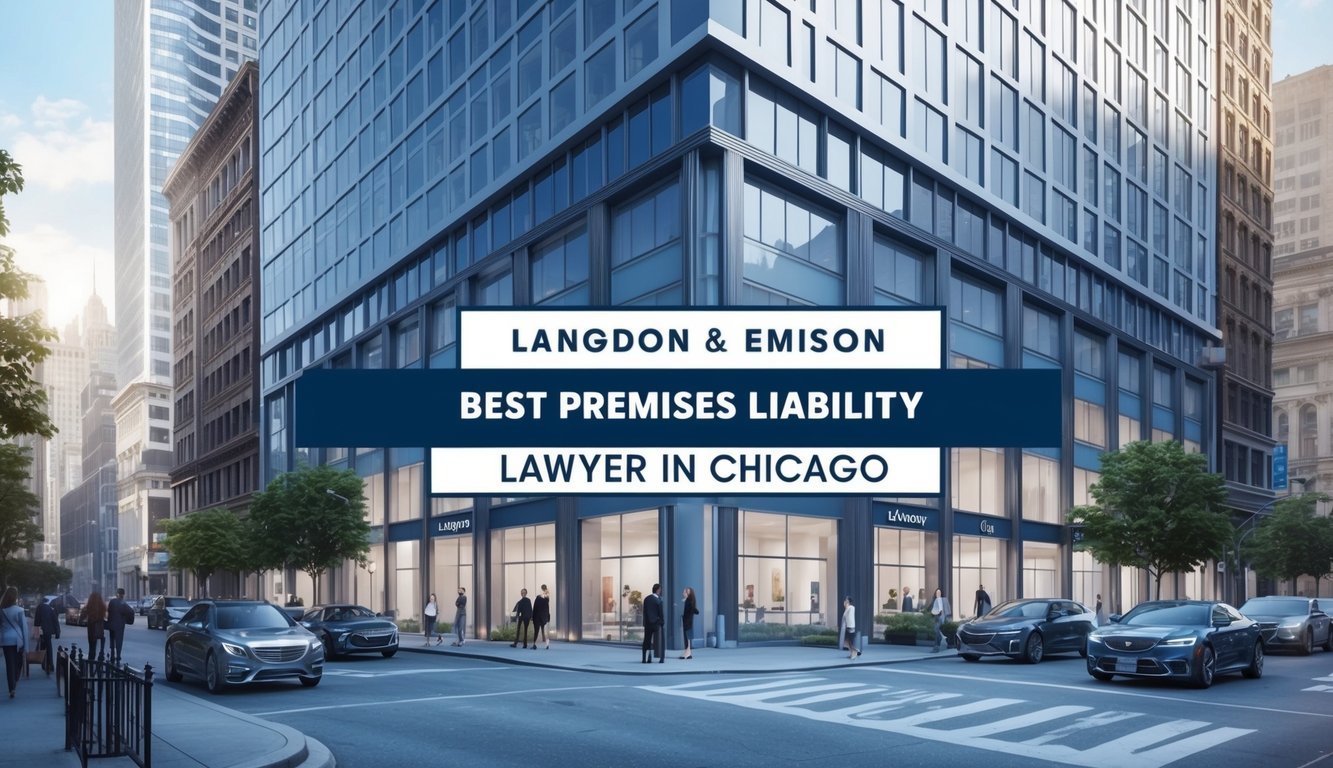 A bustling city street with a sleek, modern office building labeled "Langdon & Emison Best premises liability lawyer in Chicago" prominently displayed