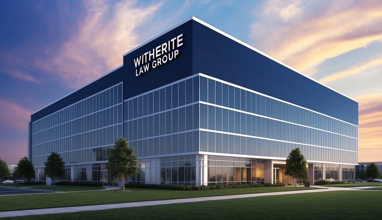 A modern office building in Dallas with a prominent sign for "Witherite Law Group" and a polished exterior