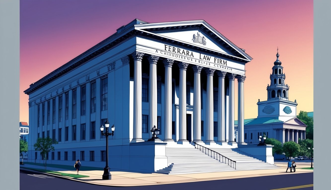 A grand courthouse building with the Ferrara Law Firm signage prominent in downtown Philadelphia