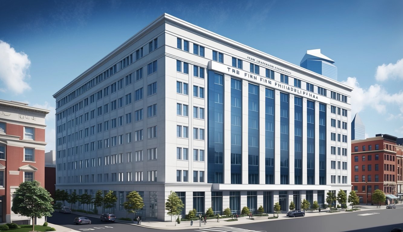 A grand, modern office building in downtown Philadelphia, with the firm's name prominently displayed on a sleek, professional sign