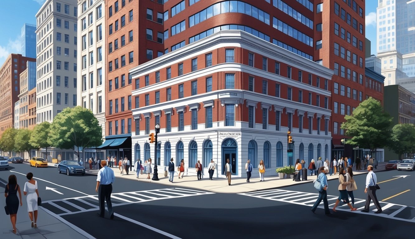 A busy Philadelphia street with a prominent law office building and a steady flow of pedestrians