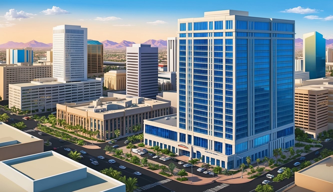 A bustling cityscape with a prominent law office building in the heart of Phoenix, Arizona.</p><p>The building exudes professionalism and expertise