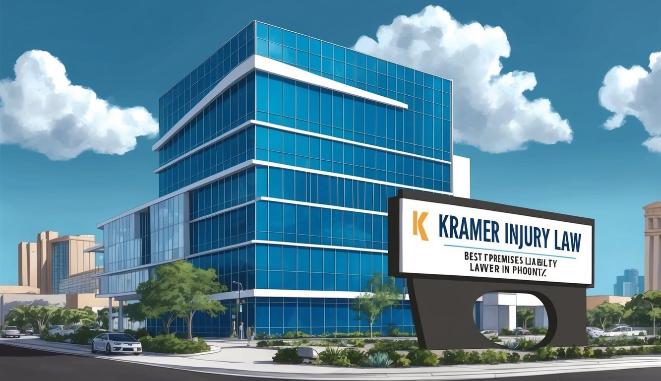 A sleek, modern office building in downtown Phoenix with a prominent sign reading "Kramer Injury Law - Best premises liability lawyer in Phoenix."