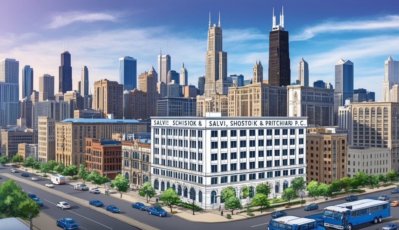 A bustling cityscape with iconic Chicago landmarks in the background, featuring a prominent law office building with the name "Salvi, Schostok & Pritchard P.C." prominently displayed