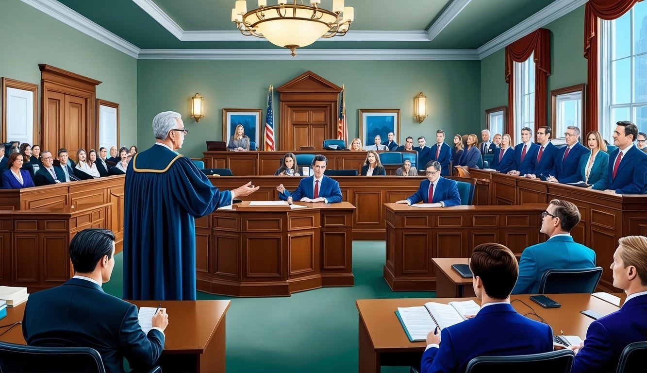 A bustling courtroom with a judge presiding over a case, lawyers presenting evidence, and a jury listening intently