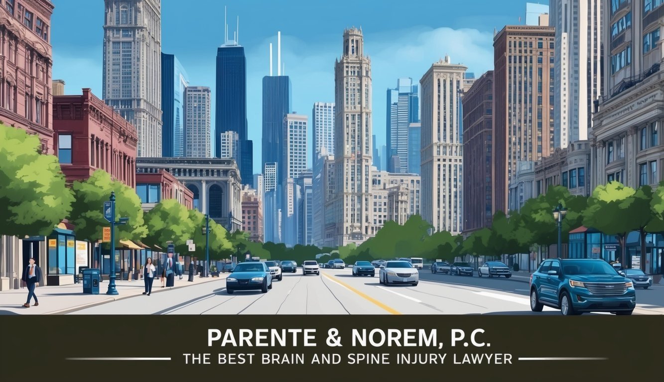 A busy Chicago street with towering skyscrapers in the background, showcasing the bustling city where Parente & Norem, P.C. operates as the best brain and spine injury lawyer