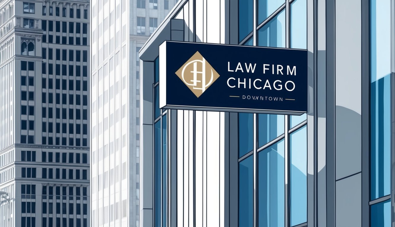 A sleek and modern law office in downtown Chicago, with a prominent sign displaying the firm's name and logo