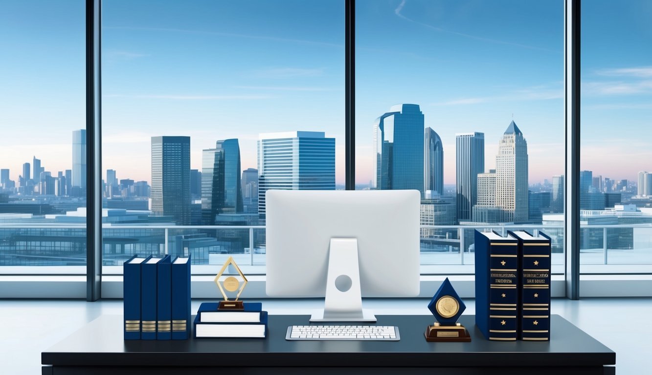 A sleek, modern office with large windows and a city skyline in the background.</p><p>A desk with a computer, legal books, and awards