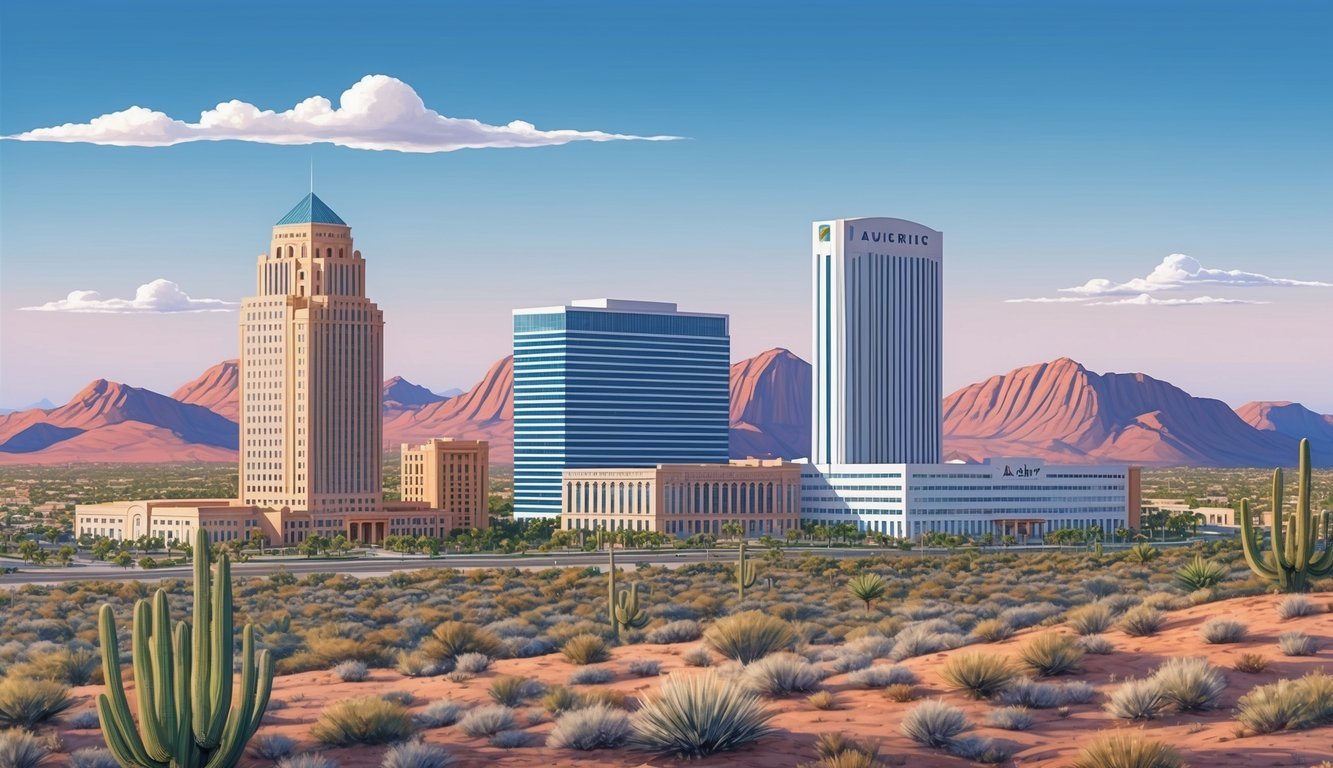 A Phoenix skyline with a prominent law office building, surrounded by desert landscape and a clear blue sky