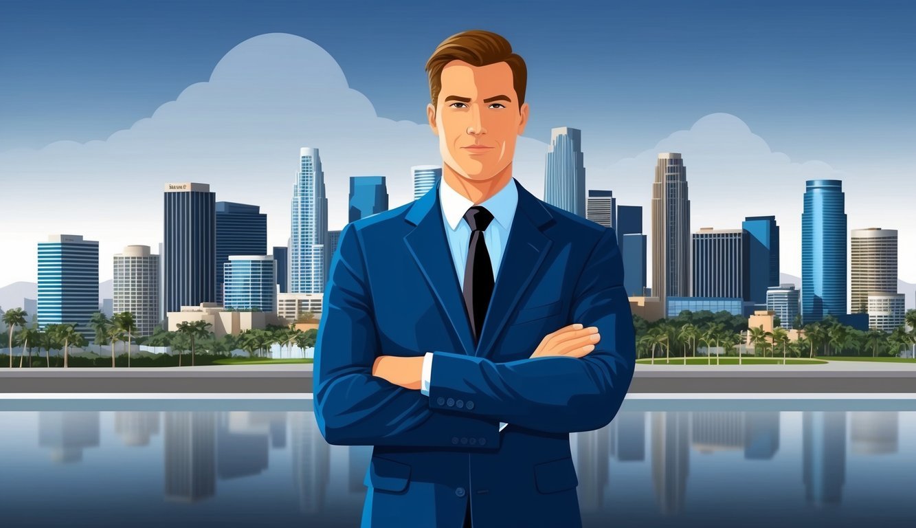 A confident lawyer stands in front of the Los Angeles city skyline, with a sense of determination and professionalism