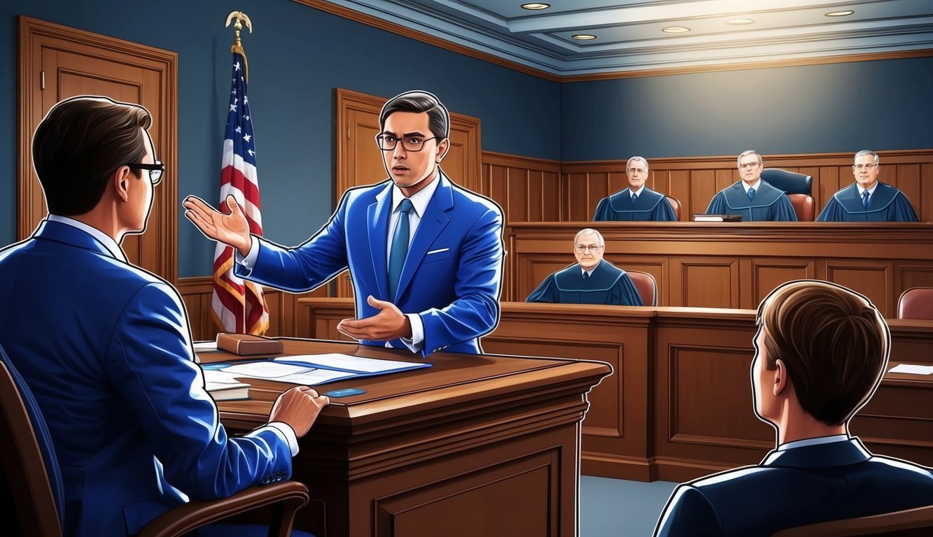 A courtroom scene with a lawyer presenting evidence and arguing a case in front of a judge and jury