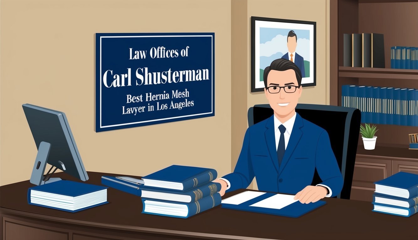 An attorney's office with a professional setting, featuring a desk, computer, legal books, and a sign reading "Law Offices of Carl Shusterman - Best hernia mesh lawyer in Los Angeles."