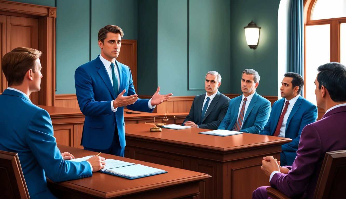 A courtroom scene with a lawyer presenting a case to a jury