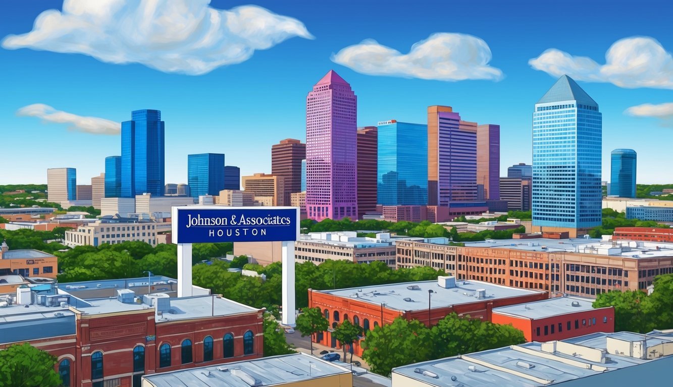 A bustling Houston cityscape with prominent Johnson & Associates LLC signage