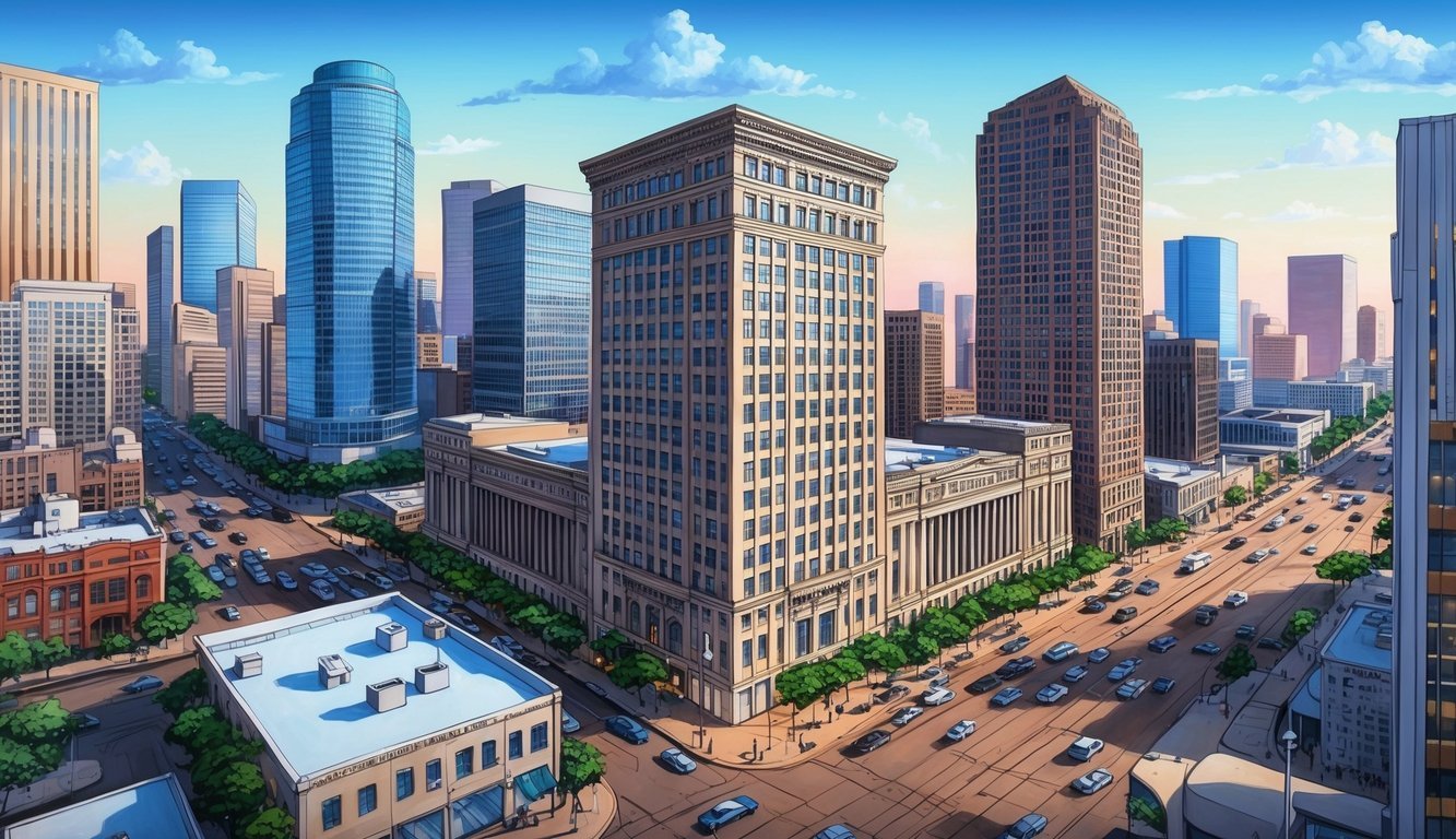 A bustling cityscape with a prominent law office building, surrounded by skyscrapers and busy streets in downtown Houston