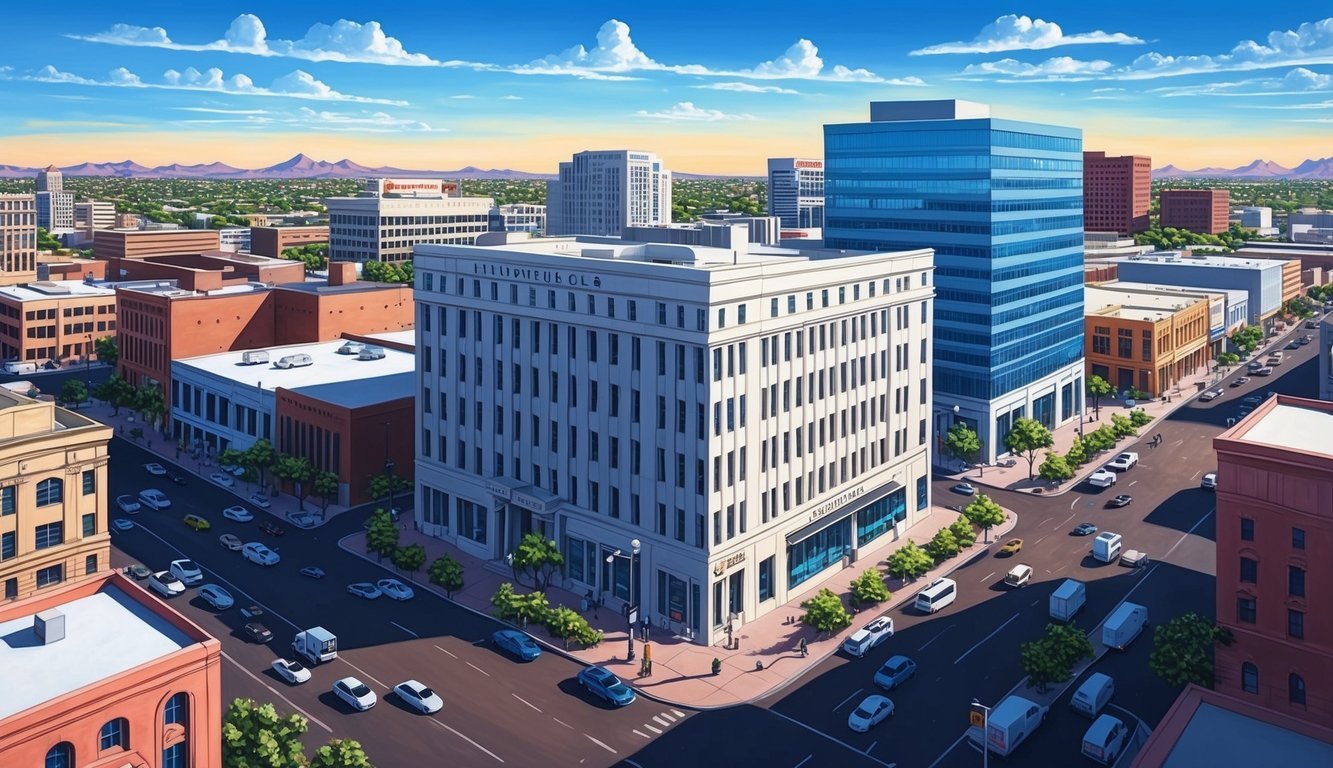 A bustling cityscape with a prominent law office building, surrounded by other businesses and traffic in downtown Phoenix