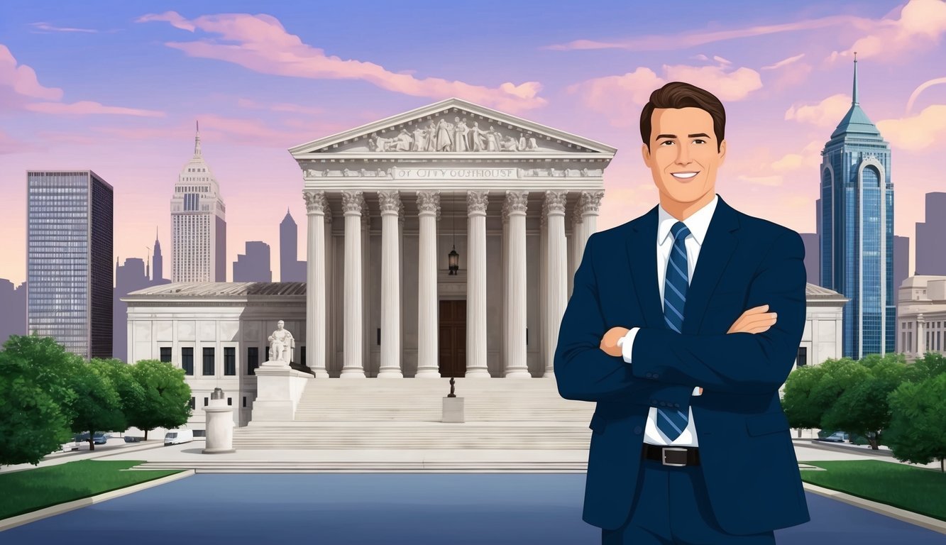 A confident lawyer standing in front of a large courthouse, with the city skyline in the background