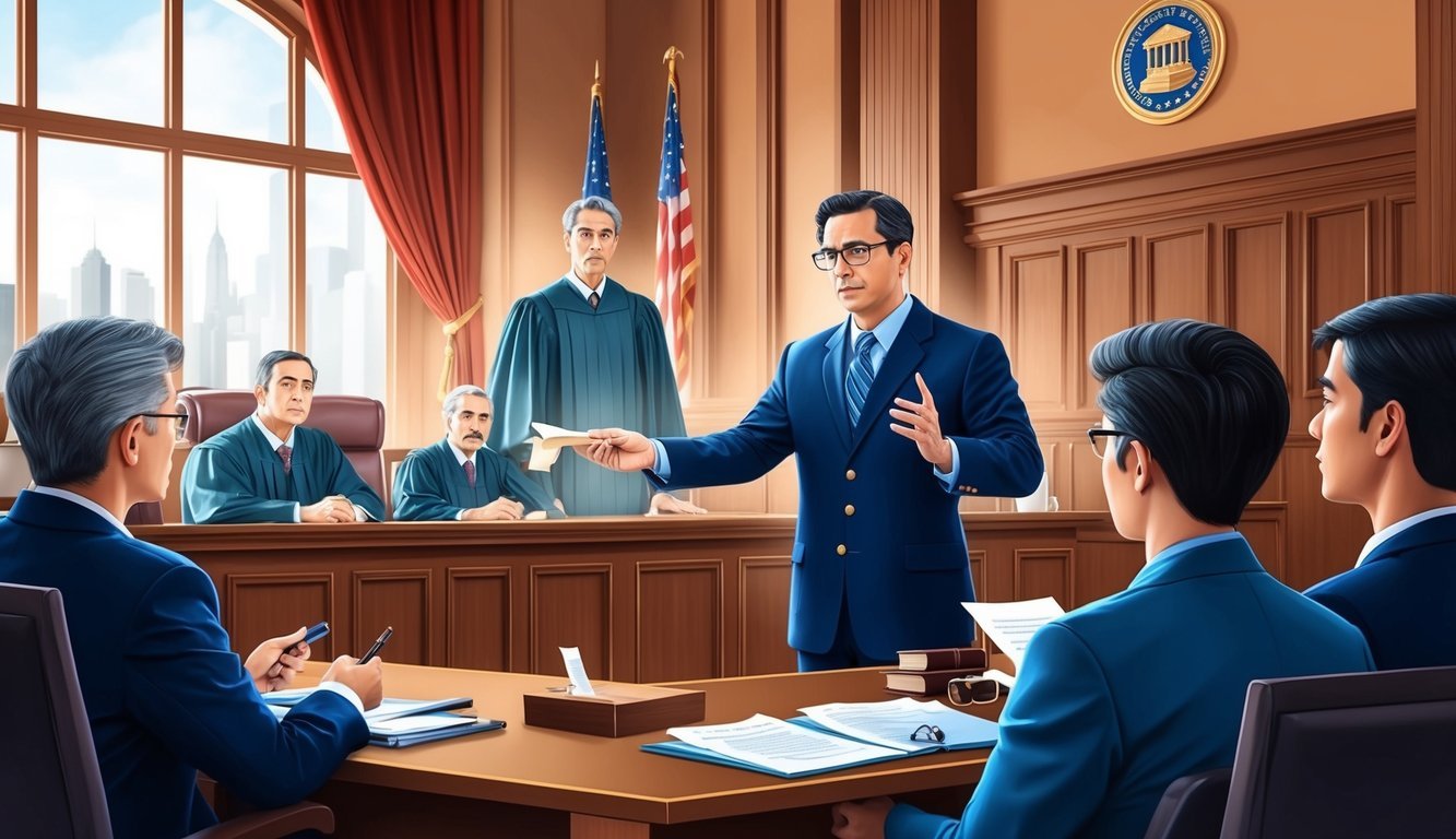 A courtroom scene with a lawyer presenting evidence and arguing a case to a judge and jury