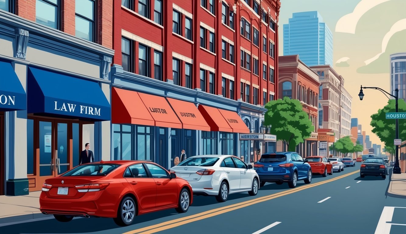 A bustling city street with cars, a law firm sign, and a busy lawyer's office in Houston