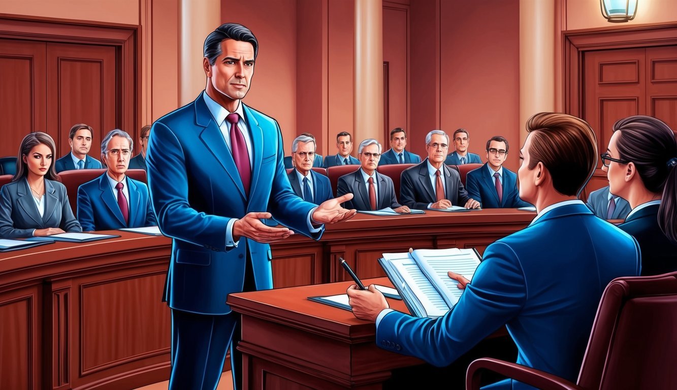 A courtroom scene with a confident lawyer presenting a case to a jury