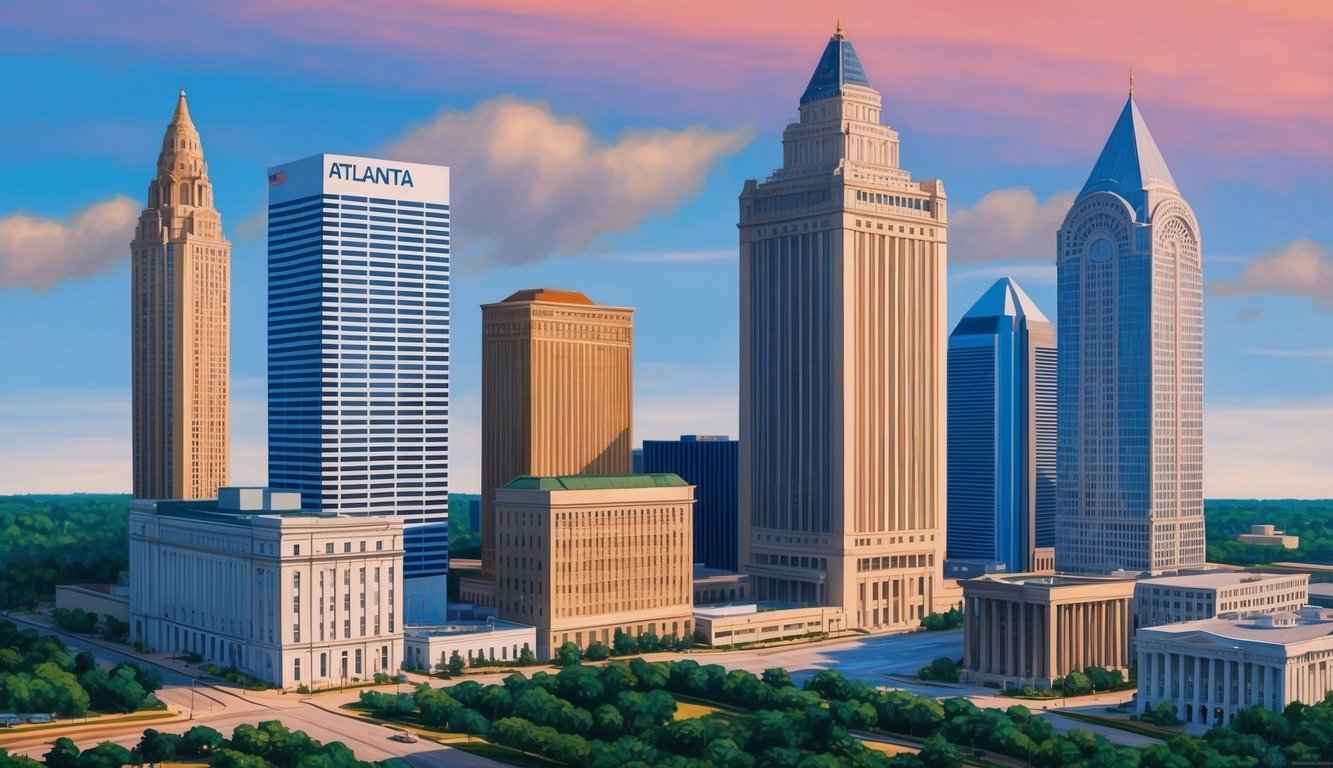 A city skyline with a prominent law office building in Atlanta